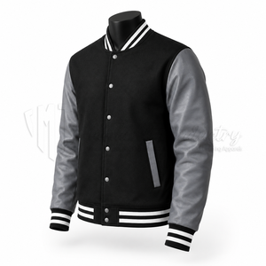 Chaqueta Universitaria Negra Personalizada, Cuerpo de Lana, Mangas de Cuero Gris, Chaqueta Letterman, Fabricante de Marca Privada OEM - Product Image 3