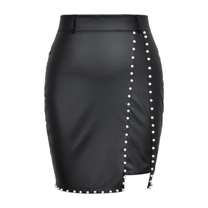 Black PU Leather Women Skirts Club-Beading <b>Mini</b> Skirts / High-Waist Bodycon Skirt For Party & Office Wear - Product Image 1