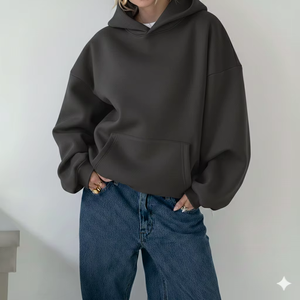 Sweat à capuche long oversize en molleton doux pour femme, coupe ample et décontractée, pull d'hiver tendance avec logo frontal, style streetwear - Product Image 1