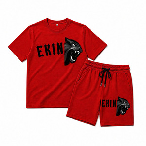 Conjunto de Camiseta y Pantalones Cortos de Algodón Rojo para Hombre Ekin, Cuello Redondo, Logotipo de Pantera Estampado, Ropa Casual de Verano - Product Image 1