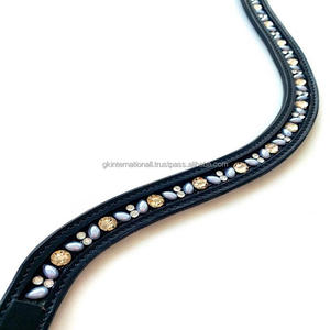 <b>Black</b> Premium Finish Empty Channel Leather Bridle Brow Band <b>Headband</b> With Fancy Designer pink Stone Hotfix in All Custom Sizes - Product Image 1