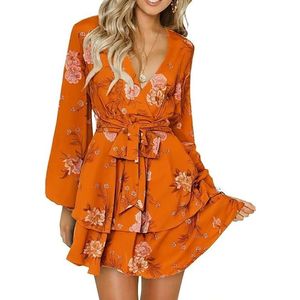 Abito da donna a maniche lunghe in chiffon floreale con cintura, scollo a V e balze, mini, per primavera estate, arancione, taglia L - Casual - Product Image 1