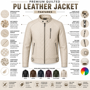 Men's Quilted PU Leather Moto <b>Jacket</b> Stand Collar Zipper Closure Slim Fit Regular Length Autumn Style Solid Color - Product Image 6
