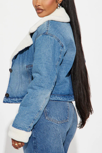 Women's <b>Cropped</b> Sherpa <b>Denim</b> <b>Jacket</b> Faux Fur Lined Winter Jean <b>Jacket</b> Custom OEM ODM Premium Casual Streetwear Outerwear - Product Image 2