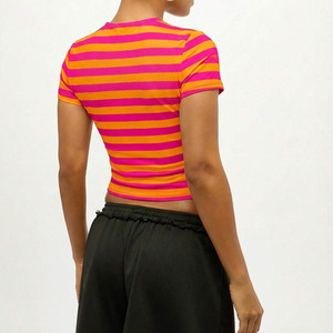 Summer New Women's Striped Crop <b>Top</b> Short Sleeve Crew Neck Slim Fit Casual T-Shirt Pink Orange Knitted Spandex Women Baby TShirt - Product Image 2