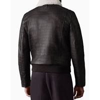 Veste d'hiver pour homme en cuir véritable imperméable, style bomber, col en sherpa, fermeture éclair, logo sur le devant, effet croco