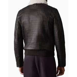 Veste en cuir véritable pour homme, style bomber, col en sherpa, fermeture éclair, effet croco, vêtement d'extérieur pour l'hiver - Product Image 6