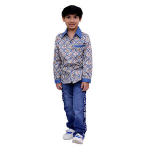 Chemise bleue imprimée pour garçons, manches longues, imprimé intégral, polyester, coton et élasthanne confortables - Product Image 1