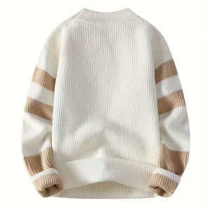 Suéter de Punto con Cuello Redondo para Hombre, Diseño Geométrico Empalmado, Corte Regular, Casual de Otoño, 100% Acrílico, Manga Larga - Product Image 2