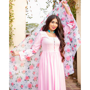 Conjunto de Traje de Chifón Rosa Transpirable para Mujer, Estilo Indio-Pakistaní, con Mangas de Organza y Dupatta Sólida Elegante, Ideal para el Verano - ¡Venta Caliente! - Product Image 4