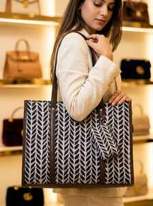 Vintage Jacquard Leaf Pattern Two Shoulder <b>Straps</b> Tote Bag Zipper Closure Water Resistant 3L+ Capacity Women Beach Shopping - Product Image 2