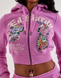 Ed Hardy Women's Pink <b>Cropped</b> Hoodie Floral Letter Pattern <b>Zip</b>-<b>Up</b> Waterproof Breathable Regular Sleeve Autumn Style - Product Image 4