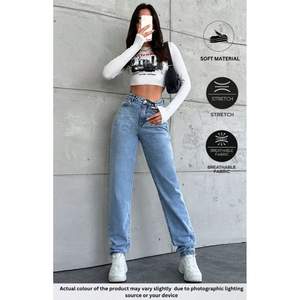 Jean en denim bleu glace élégant et tendance pour femme, coupe large, taille haute, coupe décontractée, tissu extensible doux, finition durable, tailles 26-40 - Product Image 2