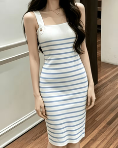 Striped Jersey Knitted Bodycon Dress Crew Neck Cap Sleeve Short Sleeve Knee-Length Casual Women Summer Breathable Natural Waist - Product Image 5