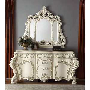 Royal Luxury Mahogany Wood Dressing <b>Table</b> Gold Carved Vanity Mirror Set Cream Makeup Dresser <b>Console</b> Bedroom Furniture Buffet - Product Image 1