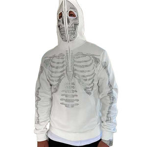 Sudadera con capucha de lujo con logotipo personalizado, diseño de esqueleto y pedrería, para hombre, blanca, con cremallera completa, máscara de esquí, tejido French Terry de alto gramaje - Product Image 6