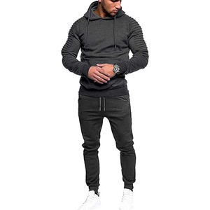 <b>Mens</b> Grey Hooded Tracksuit Full Length Solid Color Casual Sweatshirt And Joggers With Side Pockets Drawstring Closure - Product Image 1