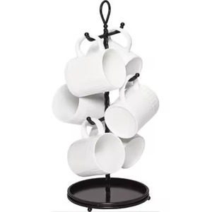 Support à tasses compact en noyer foncé avec base circulaire et 4 crochets – Organisateur de tasses à café mini pour table ou comptoir de cuisine - Product Image 5