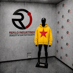 <b>Yellow</b> Oversized Zip Up <b>Hoodie</b> With Red Star Print Distressed Edge Streetwear Unisex Loose Fit Full Zipper Hooded Sweatshirt Fit - Product Image 3