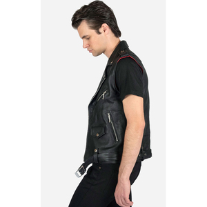 Men's Black Leather-Style Moto Vest With Zipper Closure And Pockets Regular Length Outer Wear Men's summer outerwear Solid color - Product Image 4