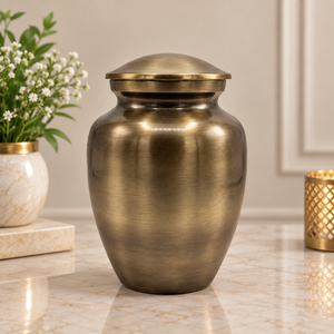 Urne antique élégante, design dôme lisse, récipient commémoratif en métal avec finition laiton chaud et couvercle décoratif sécurisé - Product Image 1