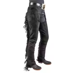 Chaps d'équitation western en cuir noir de qualité supérieure avec franges, faits à la main, pour le rodéo, la protection équestre et l'équitation en ranch - Product Image 2