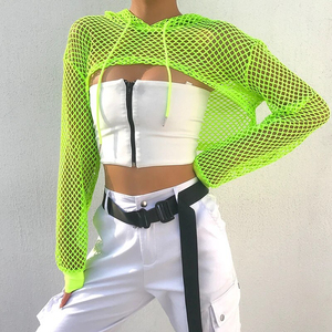 Women <b>Mesh</b> Fabric Crop <b>Top</b> Hoodie Full Sleeve Crew Neck Streetwear Sexy Club Polyester Sweatshirt - Product Image 3