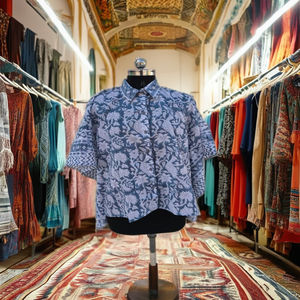 Robe courte en coton décontractée respirante à manches longues et col en V, élégante, douce, naturelle, écologique, pour femmes, tunique, impression à la main - Product Image 1