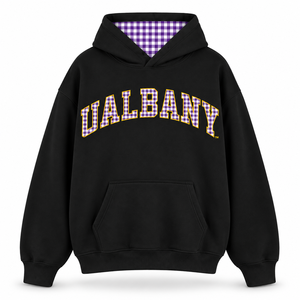 Sweat-shirt à capuche noir pour femme UAlbany, imprimé à carreaux, en polaire, manches longues, style décontracté, style automne - Product Image 1