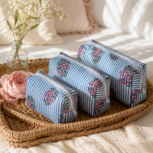 Luxury Mint Botanical Embroidered 3-Piece Makeup Pouch Set Quilted Cotton Zipper Closure Cosmetic <b>Bags</b> Women Travel <b>Vanity</b> - Product Image 5