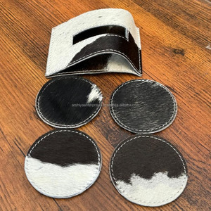 Sous-verres ronds en cuir de vache de luxe personnalisés de qualité supérieure pour boisson avec support Cadeaux de pendaison de crémaillère Ensemble de 4 sous-verres en cuir véritable - Product Image 3