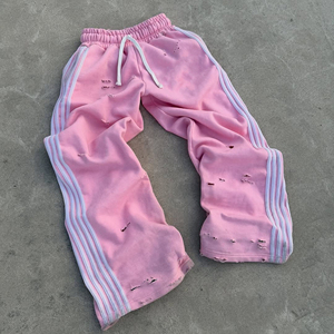 Pink <b>Winter</b> Solid Hooded Cotton <b>Jacket</b> and Pants Set Distressed Streetwear Two Piece Outfit with Embroidered Details - Product Image 3