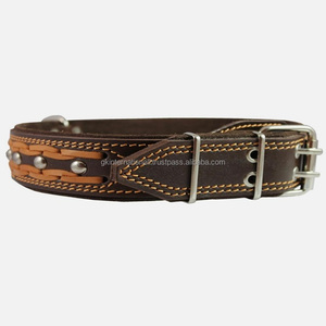 Collier tressé en cuir véritable pour chien avec double couture et rembourrage en acier inoxydable nickelé sans rouille - Product Image 4