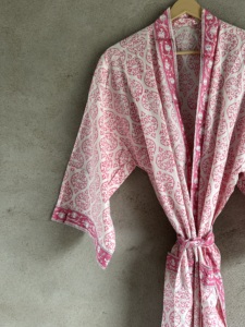 Block Print Woven Cotton <b>Kimono</b> Robe Long Sleeve Floral <b>Beach</b> Cover Handcrafted V-neck Belted Full-Length Spring Summer Front - Product Image 1