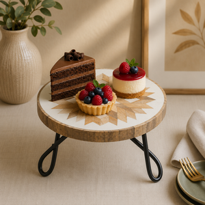 Support à gâteau en bois rond, présentoir à desserts, motif géométrique, pieds en métal, adapté pour les fêtes, les mariages, les pâtisseries, les cafés, les restaurants - Product Image 1