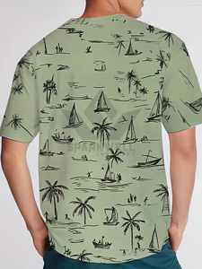 Camiseta de Hombre Verde Oliva con Estampado de Palmeras y Veleros, Manga Corta, Cuello Redondo, Corte Regular, Informal, Tejida - Product Image 2