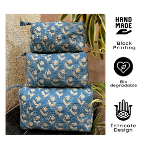 Jaipur Artisan Hand Block Printed Quilted Cotton <b>Toiletry</b> Pouch Set Waterproof Zip Closure Travel Cosmetic Organizer For Women - Product Image 1