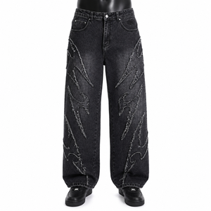 Pantalones Vaqueros Personalizados para Hombre, Negros, Lavados, de Cintura Media, Ecológicos, de Corte Holgado, con Detalles de Costura, Estilo Urbano, Venta al Por Mayor - Product Image 1