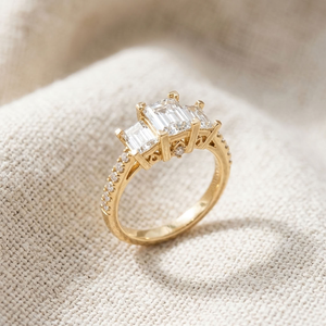 Three <b>Stone</b> Princess Cut VVS2 Diamond Classic Engagement Ring 18K Gold Plated Claw Set Wedding Anniversary Gift Jewelry - Product Image 4