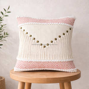 Soft Pink Bohemian Throw <b>Pillow</b>, V-Pattern Decorative Cushion Cover, Woven Geometric Accent with Tassel Detail for Bedroom - Product Image 1
