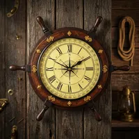 Jam Dinding Kayu Bentuk Roda Kapal Laut dengan Desain Kompas, Jam Dekoratif Bulat untuk Dekorasi Rumah, Ruang Tamu, Kamar Tidur