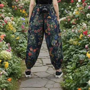 Pantalones Harem de Algodón para Mujer, Corte Regular, Estilo Casual de Verano, Hip Hop, Ecológicos, con Estampado Floral de Encaje, Pliegues Delanteros y Cintura Elástica - Product Image 1