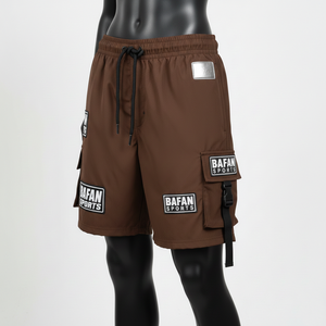 Shorts de bain pour femmes en polyester et élasthanne de haute qualité, couleur café, avec poche cargo, impression sérigraphique et logo brodé. - Product Image 4