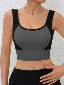 Women Contrast Panel Athletic Tank <b>Top</b> Built In Chest Pad Insert Ribbed Microfiber Yoga Exercise Gym <b>Crop</b> Bralette - Product Image 6