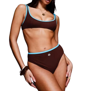 Custom Ribbed Women's Sexy 2 Piece Bikini Set Contrast Trim Sport Style Swimwear Quick Dry Beach Bathing Suit Wholesale Service - Product Image 4