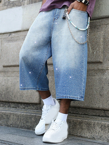 Pantalones Cortos de Mezclilla para Hombre, 100% Algodón, con Pedrería, Lavado Ácido, Estilo Urbano Holgado, Hip Hop, Largos hasta la Rodilla, Verano, Personalizados - Product Image 4