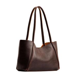 Genuine Leather Casual Tote Bag Women Minimalist Large Capacity <b>Shoulder</b> <b>Strap</b> Open Top Daily Use Brown Color Handbags For Girls - Product Image 2