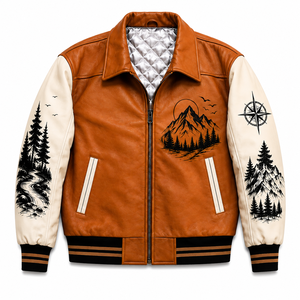 Custom for Brown Plaid Mountain Graphic Reversible Varsity Bomber Jacket Faux Leather Casual Streetwear Style <b>Covered</b> <b>Button</b> - Product Image 1