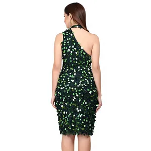 Robe de soirée luxueuse en sequins vert forêt, col montant sans manches, robe moulante de cocktail, tenue de soirée haut de gamme pour femmes - Product Image 2