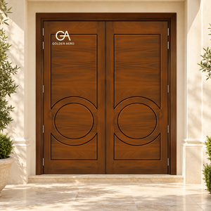 Puerta Doble Exterior de Madera Sólida GA-41L, Diseño Escandinavo con Ranuras Circulares para Villa, Alta Calidad - Product Image 1
